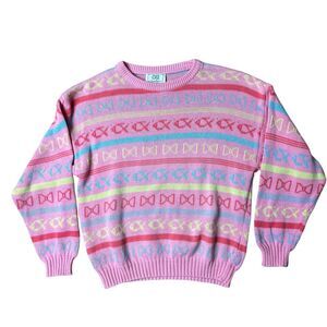 Girls Size 12 Benetton Sweater Fairy Kei Kawaii Pastel Bows Fish 90s Italy